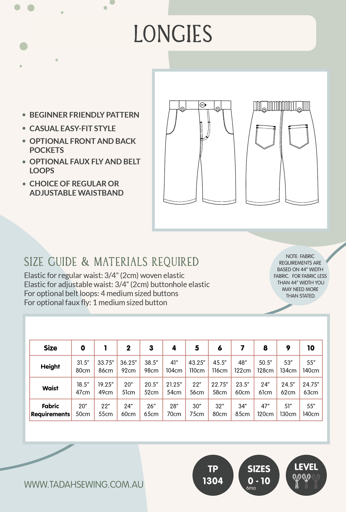 Tadah! Patterns - Longies Sewing Pattern